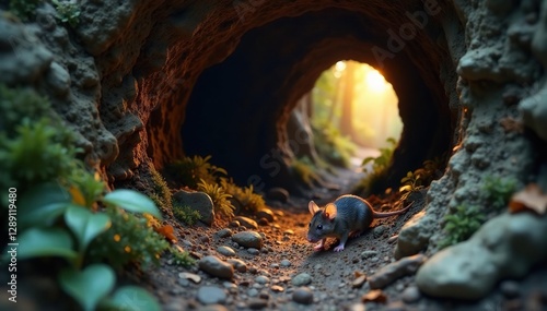 Mice scurrying through hidden underground chamber, natural, secret