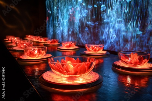 Illuminated glass bowls containing red flower petals arranged on a dark surface before a blue, textured wall. The scene is softly lit, creating reflections photo