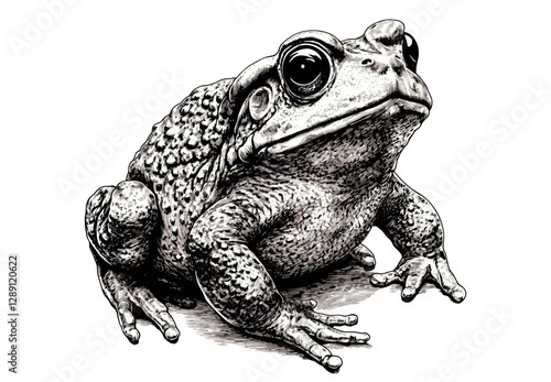 Hand-drawn toad in old engraving style, black sketch effect, wildlife print, amphibian art, vintage illustration, trendy design, white background, classic wildlife print.