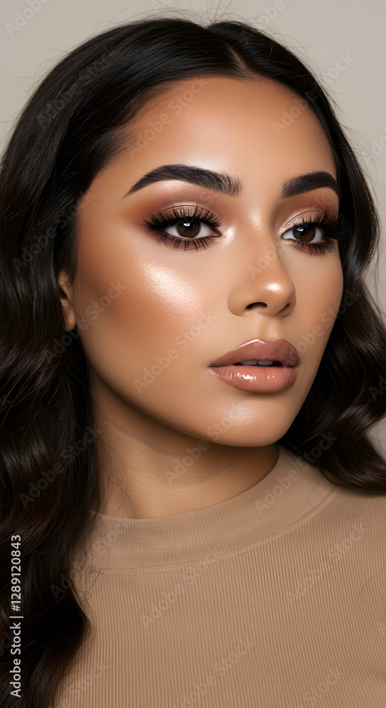 Woman wearing soft baddie makeup, with perfectly blended eyeshadow in warm neutral tones, full lashes, and a light pink lip gloss. Woman wearing soft baddie makeup, with perfectly blended eyeshadow in warm neutral tones, full lashes, and a light pink lip gloss.