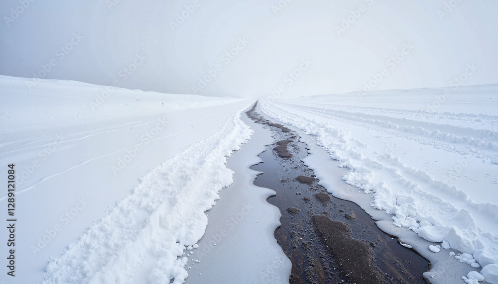 Obraz premium A melting trail of snow stretches endlessly into the horizon, symbolizing the end of the ski season at a resort.