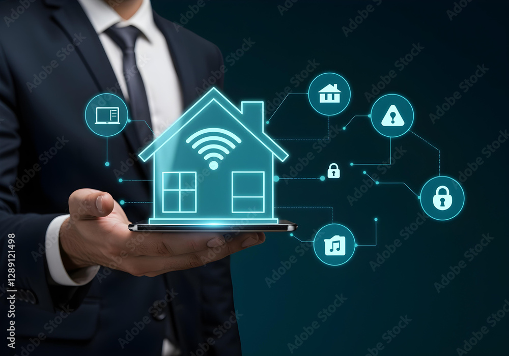 A modern concept of a smart home, featuring wireless signals and security alerts, representing innovation in home automation. A modern concept of a smart home, featuring wireless signals and security alerts, representing innovation in home automation.