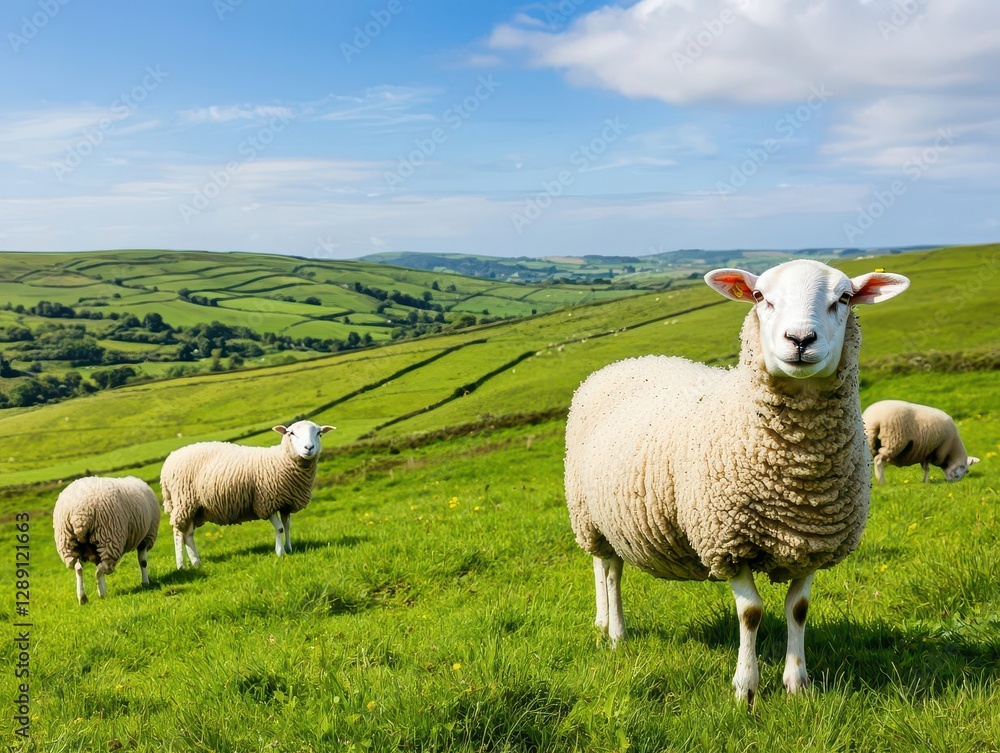 Fototapeta premium Rolling green hills dotted with grazing sheep under a bright blue sky, peaceful rural life