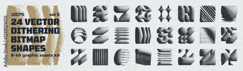 Dithering bitmap high-quality shapes, abstract geometric graphic assets kit inspiration by retro 8-bit aesthetic, Y2K bold vector pixelated collection grunge elements, brutalism pixel art set 5