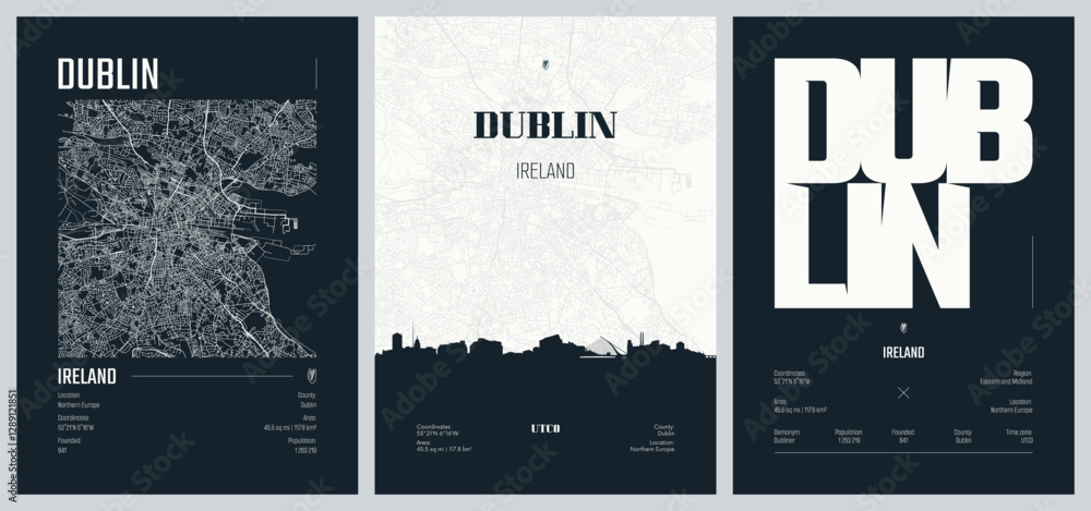 Obraz premium Set of travel posters with Dublin, detailed urban street plan city map, Silhouette city skyline, vector artwork, set 2