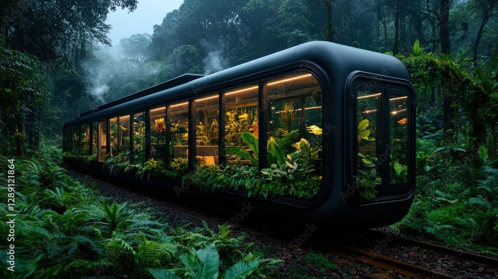 Naklejka premium A modern train car, integrated beautifully into the lush greenery of a jungle, showcases the harmony between nature and contemporary design, symbolizing innovation and exploration.