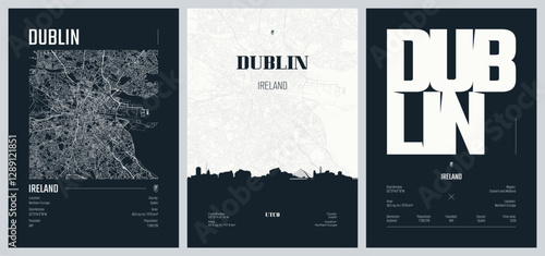 Photography Set of travel posters with Dublin, detailed urban street plan city map, Silhouet