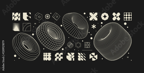 Vector graphic assets kit acid style, Postmodern abstract geometric shapes with wireframe elements of different forms, Y2K trendy design  in brutalism aesthetics, template symbols set 4