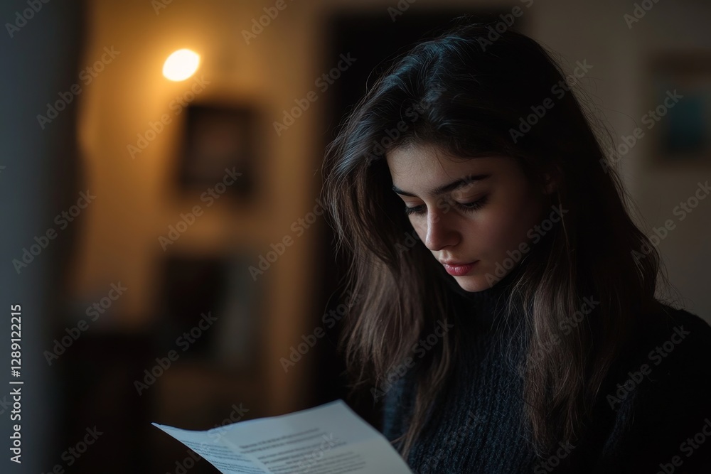 Woman Reading Document Indoors - A young woman with long dark hair sits indoors, thoughtfully reviewing a document. The conveys introspection, contemplation, focus, decision-making Woman Reading Document Indoors - A young woman with long dark hair sits indoors, thoughtfully reviewing a document. The conveys introspection, contemplation, focus, decision-making