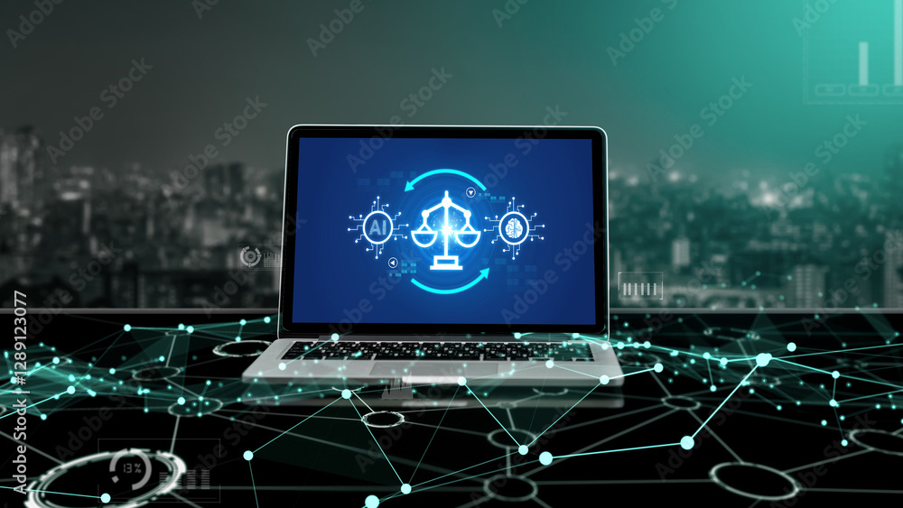 AI ethics responsibility standard law and rules on computer screen provide report of AI ethic transparency preventing technology crime. brisk AI ethics responsibility standard law and rules on computer screen provide report of AI ethic transparency preventing technology crime. brisk