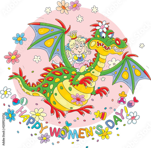 Happy March 8 card with a funny little princess flying on her friend fire-breathing dragon surrounded by sweets and colorful flowers, vector cartoon illustration