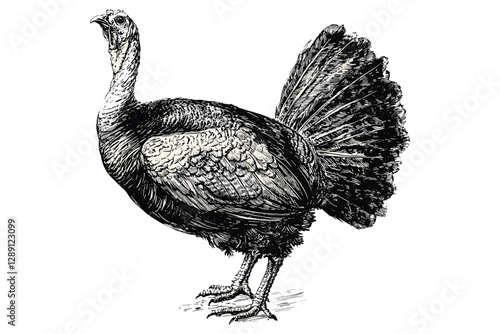 Black sketch effect bird art, hand-drawn turkey vintage illustration, trendy wildlife print, old engraving style, white background.