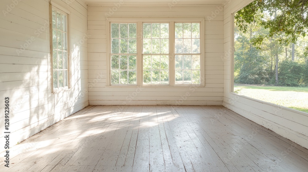 Fototapeta premium Sunny porch, white house, green yard, peaceful scene