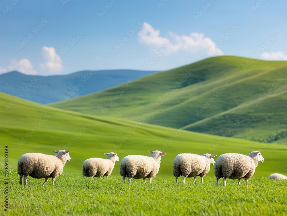 Naklejka premium Rolling green hills dotted with grazing sheep under a bright blue sky, peaceful rural life