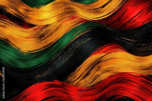 vibrant panafrican unity celebration banner with woven kente cloth patterns flowing ribbons in red gold green and black dynamic brush strokes cultural symbols modern digital art style photo