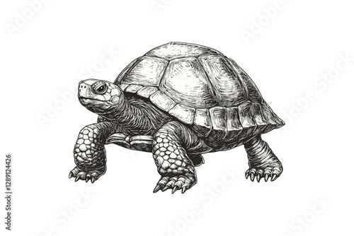 Old engraving style hand-drawn turtle, vintage art, trendy illustration, animal print, black sketch effect, white background, sea life art, wildlife drawing