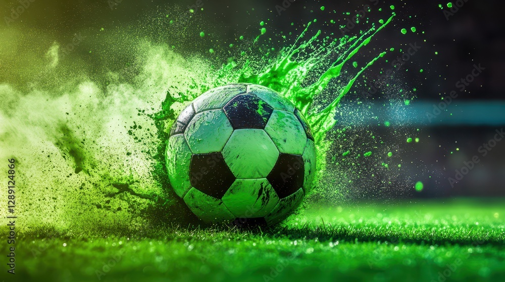 Naklejka premium A dynamic soccer ball striking the ground, sending up vibrant green splashes, creating an energetic and lively scene.
