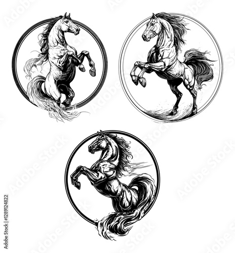 Set of three detailed hand-drawn vector horses in rearing pose enclosed in circular frames.