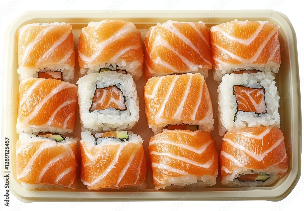 Freshly Prepared Sushi Rolls Featuring Salmon and Avocado in a Plastic Container for Culinary Presentation or Food Photography Use Freshly Prepared Sushi Rolls Featuring Salmon and Avocado in a Plastic Container for Culinary Presentation or Food Photography Use