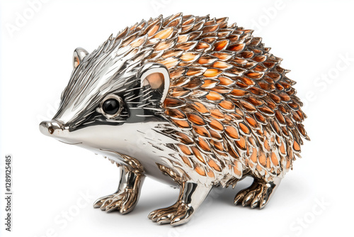 Hedgehog metallic sculpture, shiny animal ornament, isolated on white figurine photo