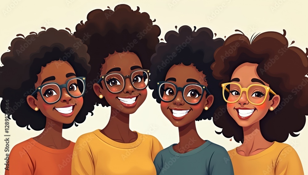 Fototapeta premium Group of afro girls friends. African joyful students fun. Laughter, happiness, sisterhood. Friendship, education, school college teamwork, cooperation, support. Coiffure style of black smiling