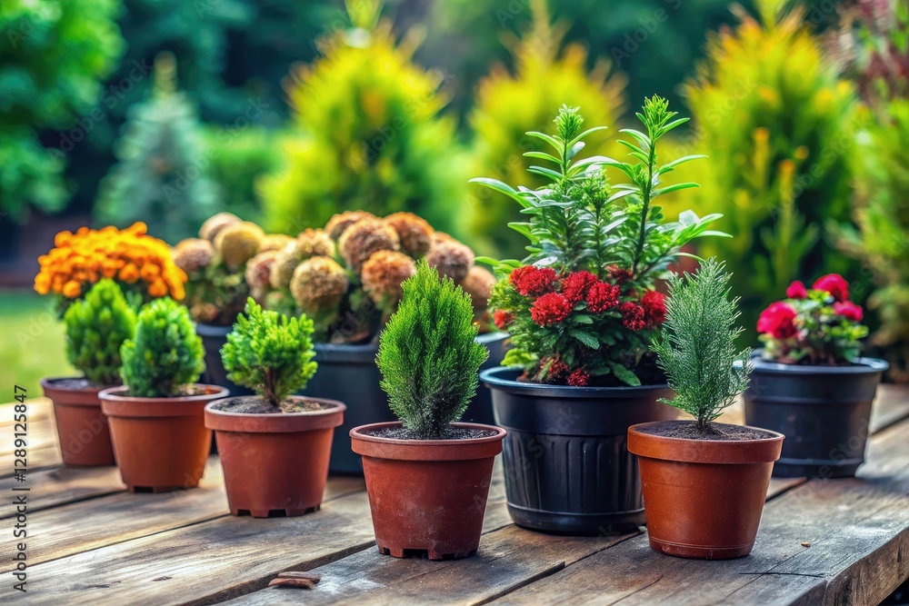 Rustic Nursery Gardening: Terracotta Pots & Conifers Closeup Rustic Nursery Gardening: Terracotta Pots & Conifers Closeup