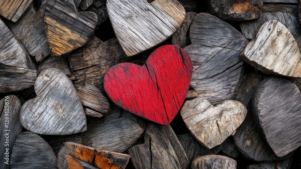 Obraz premium A vibrant red wooden heart stands out against a backdrop of rustic gray wooden hearts, symbolizing love and warmth.