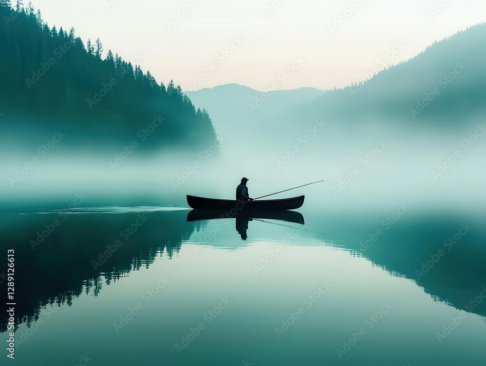 Lone fisherman on a peaceful lake at dawn, harmony between humans and nature Lone fisherman on a peaceful lake at dawn, harmony between humans and nature