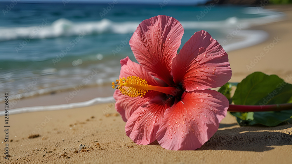 Vibrant Hibiscus Blooming on a Serene Beach with Majestic Mountains and Clear Blue Sky Vibrant Hibiscus Blooming on a Serene Beach with Majestic Mountains and Clear Blue Sky