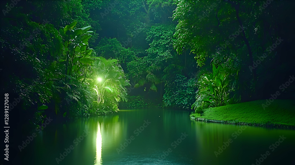 Glowing Fireflies Over Lake at Night in Lush Green Forest Glowing Fireflies Over Lake at Night in Lush Green Forest