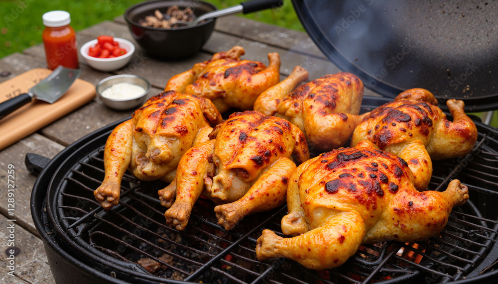 Fototapeta premium Grilled whole chickens cooking on barbecue grill outdoors