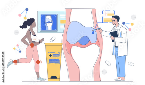 Doctor examining knee joint anatomy, flat style, white background, concept of medical education. Vector illustration