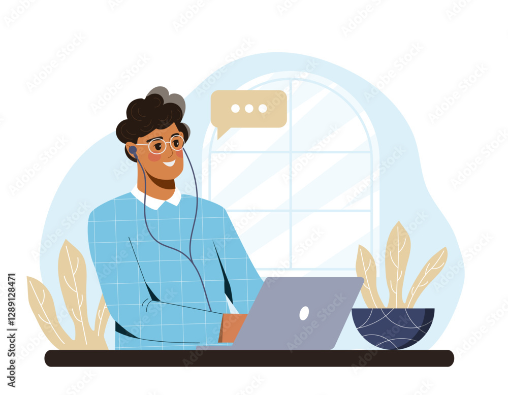 Person with headphones working on laptop, flat design, white background, concept of remote work. Vector illustration Person with headphones working on laptop, flat design, white background, concept of remote work. Vector illustration