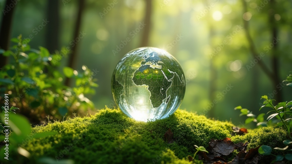Clear globe is placed on a mossy hillside, surrounded by green foliage Clear globe is placed on a mossy hillside, surrounded by green foliage