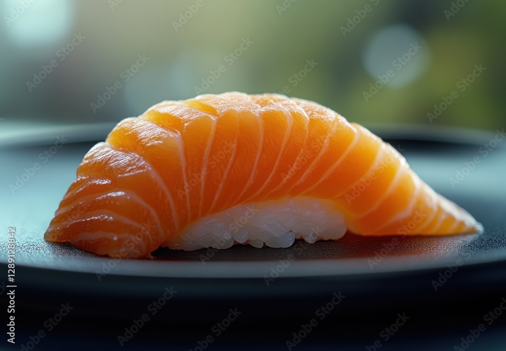 Freshly Prepared Sushi with Salmon on a Black Plate Against a Blurred Background of Natural Light with Soft Focus Effects Freshly Prepared Sushi with Salmon on a Black Plate Against a Blurred Background of Natural Light with Soft Focus Effects