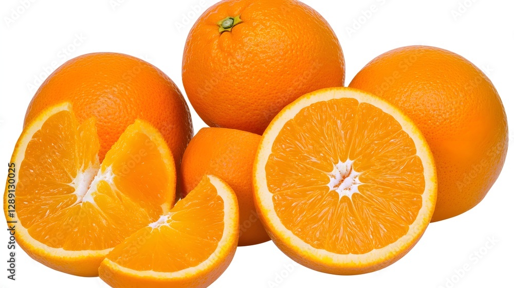Fresh Juicy Oranges with Slices on White Background Showing Vibrant Color and Texture Fresh Juicy Oranges with Slices on White Background Showing Vibrant Color and Texture
