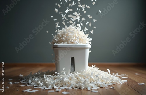 Office paper shredder overflows with shredded documents on wood floor. Shredded paper falls from above. Concept of document destruction, confidential data protection. Mess workplace scene after photo