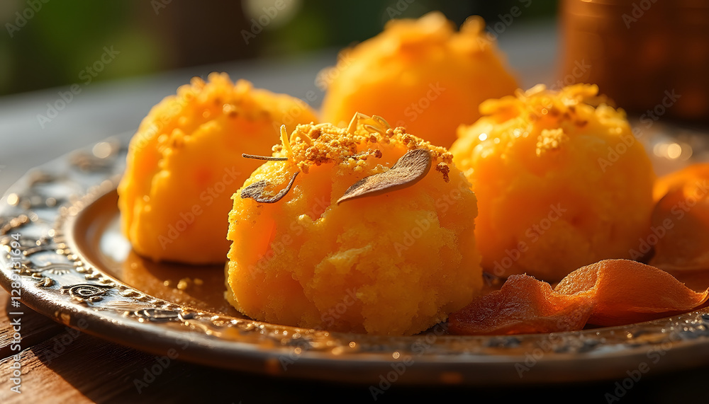 Moroccan dessert mugli: oriental sweetness with saffron, golden leaves, aged copper texture, ethnic ornament, counter sunset light
Moroccan dessert mugli: oriental sweetness with saffron, golden leaves, aged copper texture, ethnic ornament, counter sunset light