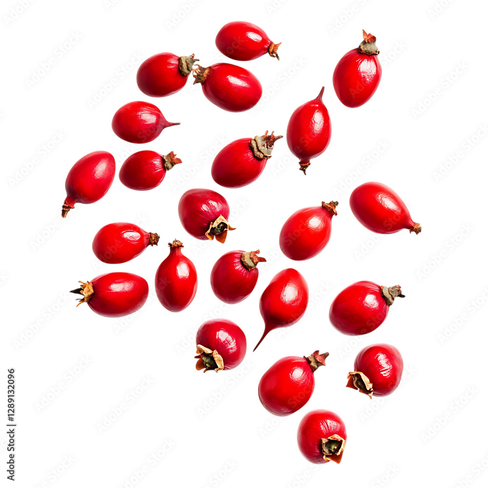 Falling vibrant red rose hips isolated on a white background. Falling vibrant red rose hips isolated on a white background.