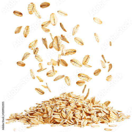 Falling oat flakes creating a light scattering effect isolated on a white background.