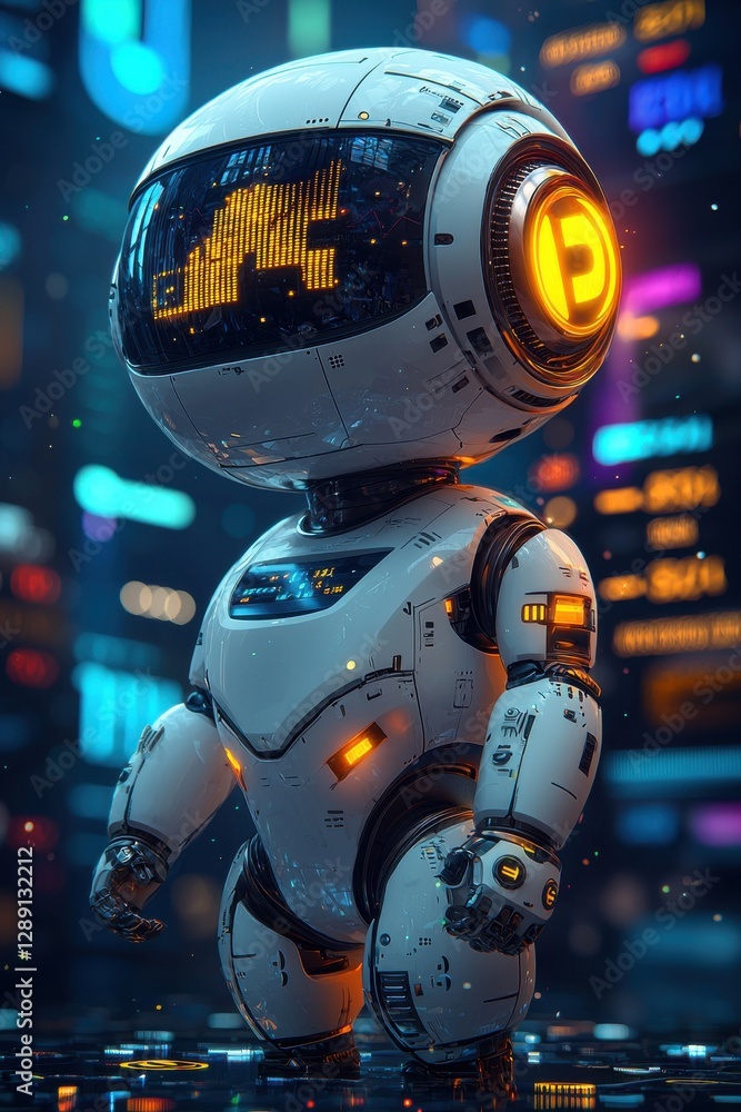 Fototapeta premium Futuristic robotic character with glowing interface in a neon cityscape setting