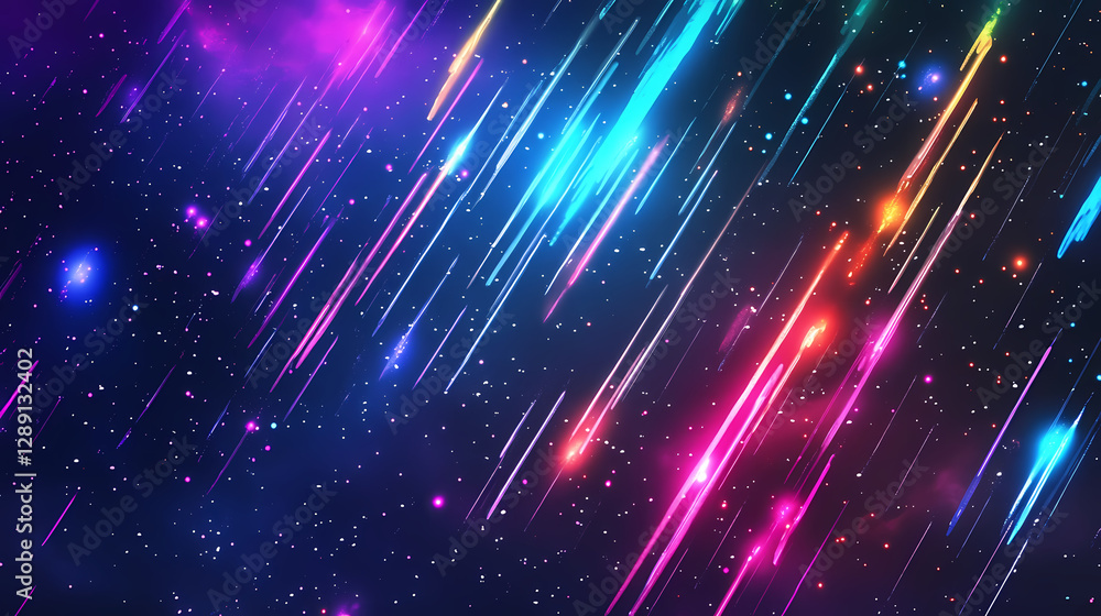 Fototapeta premium Raining colorful neon light comet meteor phenomenon reminiscent night sky full of stars. Neon Light Rainfall. Illustration