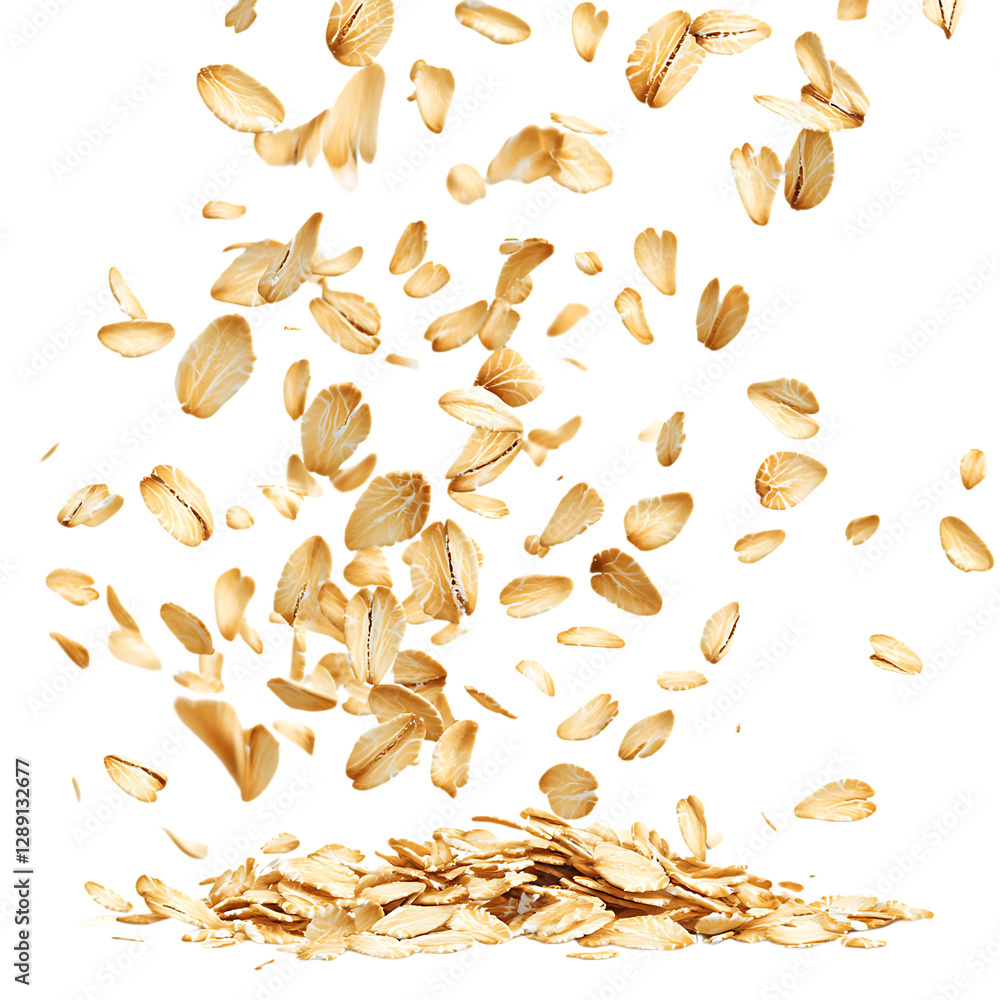 Gracefully Falling Oat Flakes for a Natural and Fresh Aesthetic on isolated white background. Gracefully Falling Oat Flakes for a Natural and Fresh Aesthetic on isolated white background.