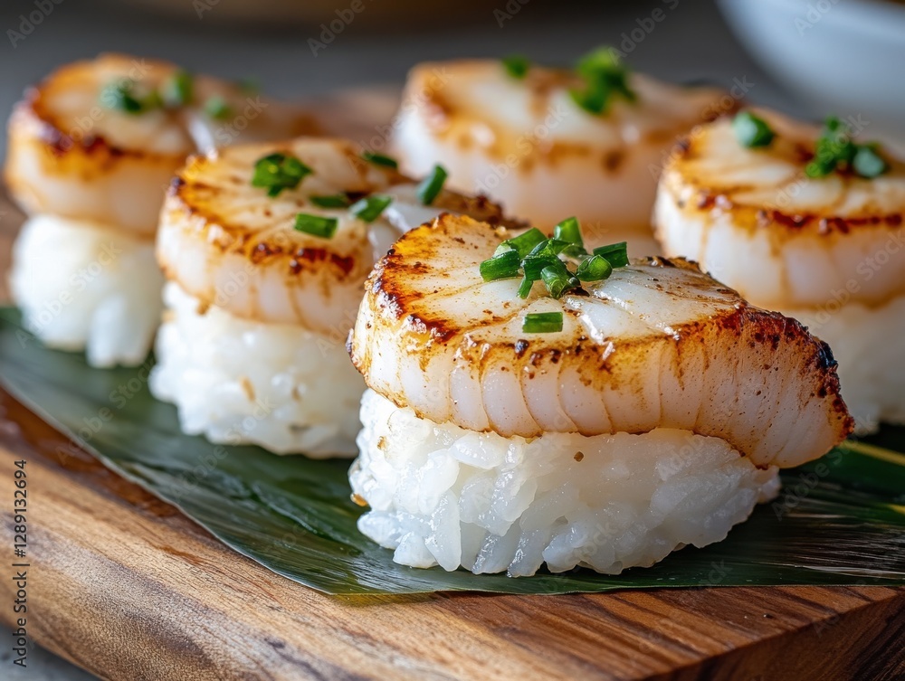 Grilled Scallop Sushi with Tender Rice, Garnished with Chopped Chives on Wooden Platter, Close-Up Photography of Delicious Japanese Cuisine Grilled Scallop Sushi with Tender Rice, Garnished with Chopped Chives on Wooden Platter, Close-Up Photography of Delicious Japanese Cuisine