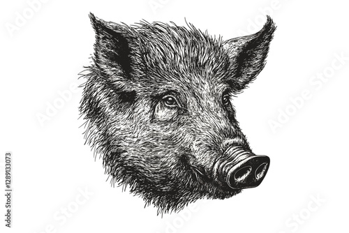 Hand-drawn wild boar illustration in antique style, vintage art, large animal, black sketch effect, wildlife, old engraving, wild animal, vector print design, nature art, rustic wildlife prints.