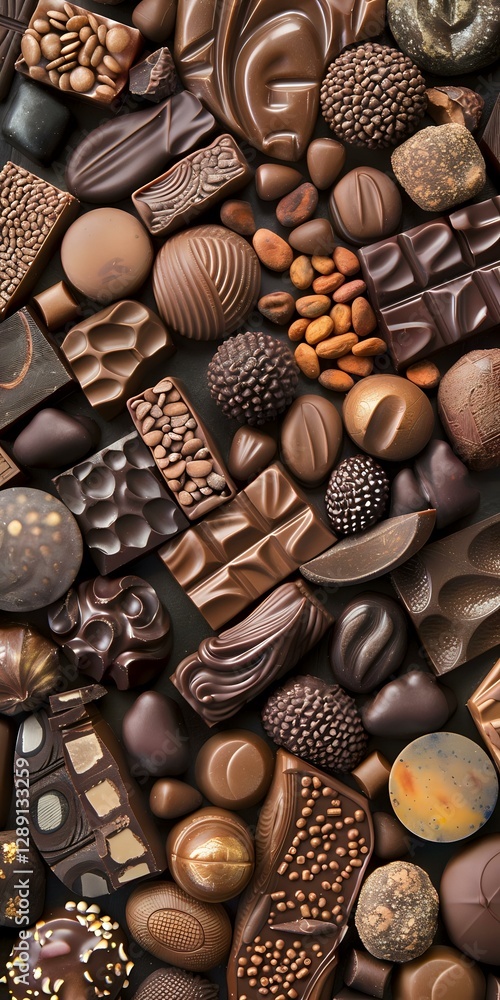 Assorted luxury chocolate pralines, truffles and candies with nuts background. Dark and milk chocolate bonbons collection with various shapes and textures. Assorted luxury chocolate pralines, truffles and candies with nuts background. Dark and milk chocolate bonbons collection with various shapes and textures.