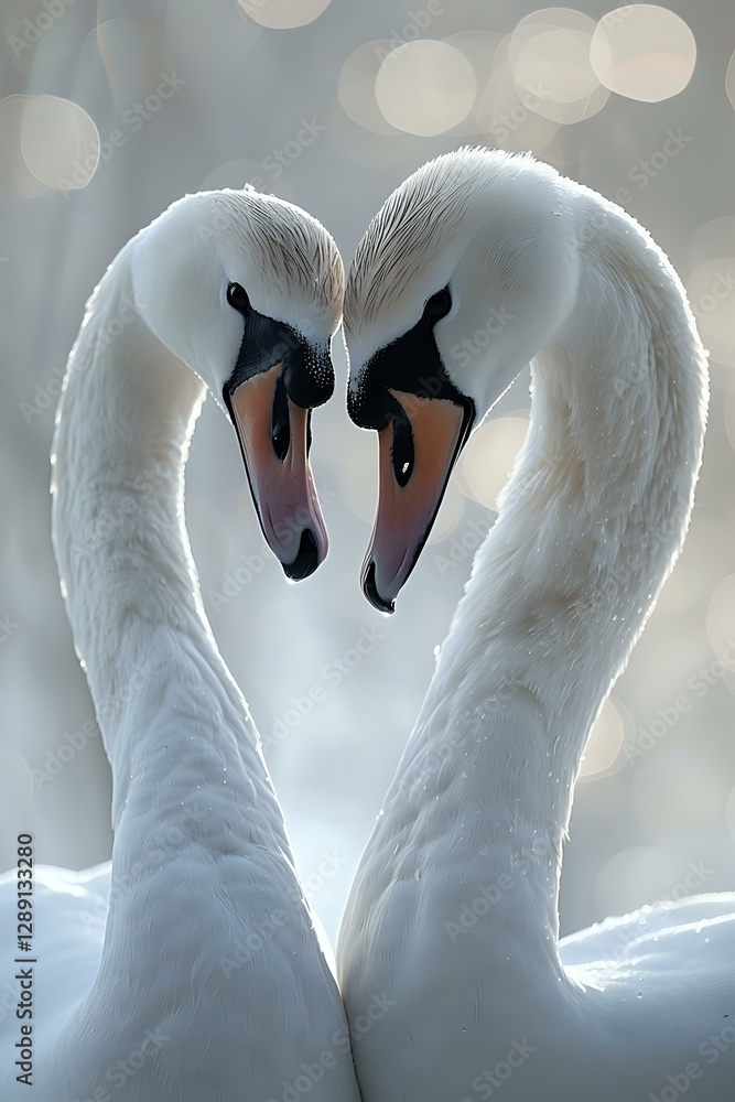 Obraz premium Pair of white mute swans forming heart shape with necks against soft bokeh background, close-up portrait showing graceful curves and detailed feathers in natural light.
