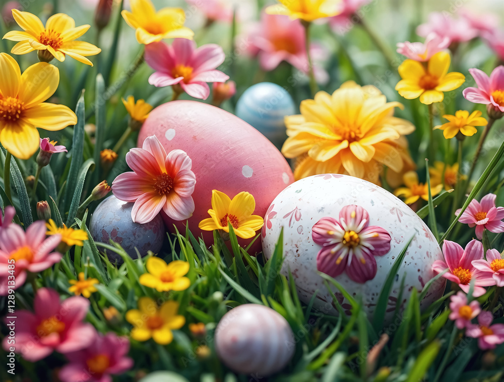 Happy easter, traditional background, decorated eggs, bunny, culture and religion, seasonal template