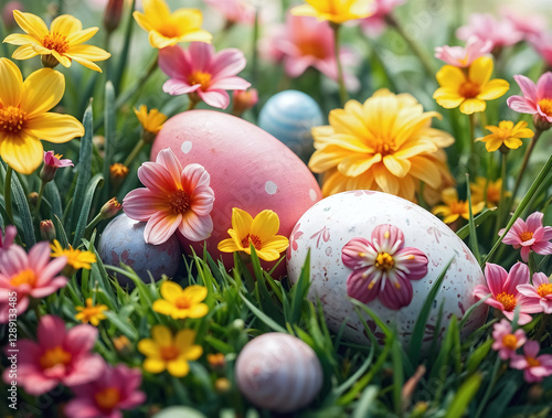 Obraz na płótnie Happy easter, traditional background, decorated eggs, bunny, culture and religion, seasonal template w salonie
