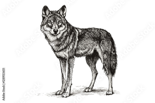 Hand-drawn wolf illustration, black sketch effect, vintage art, wildlife vector, forest animal, predator print design, trendy antique style, white background wildlife art.